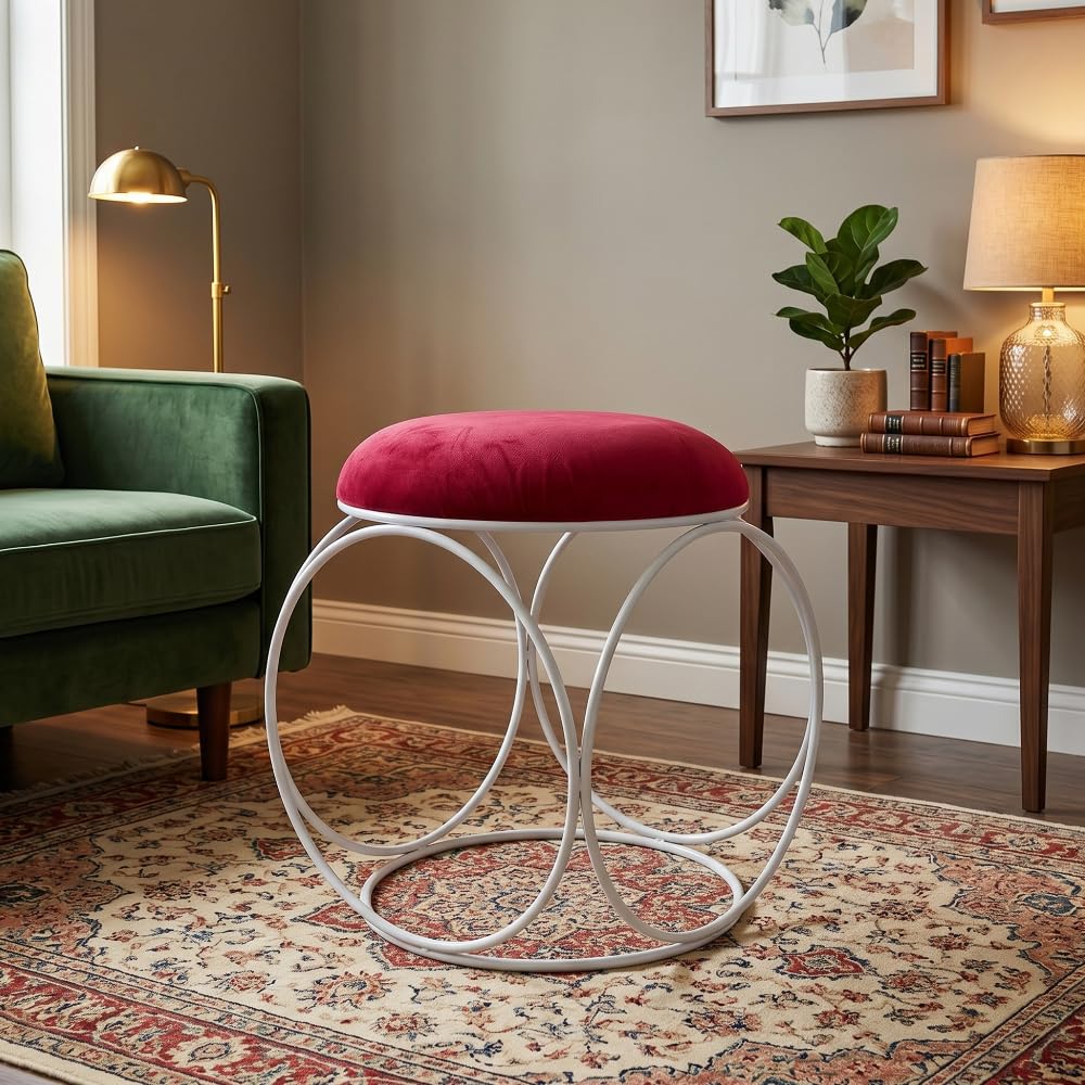 Modern Velvet Vanity Stool with Interlocking White Metal Ring Base | 16-Inch Round Accent Stool for Dressing Table, Makeup Vanity, Bedroom & Living Room-image-10