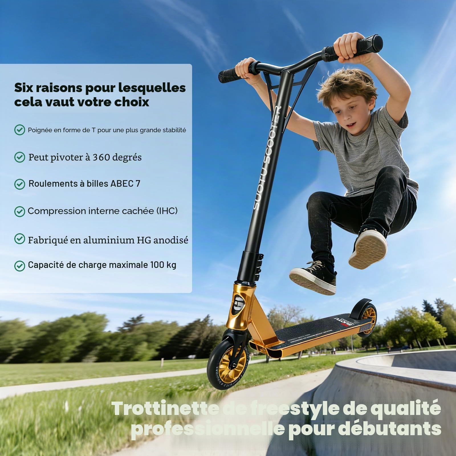 Trottinette Freestyle, Direction à 360°, Stunt Scooter avec Roues en PU 85A 110 mm, Trotinette pour Enfants Adolescent Adultes, Capacité de Charge: 100 kg, Aluminium (Noir – Or)