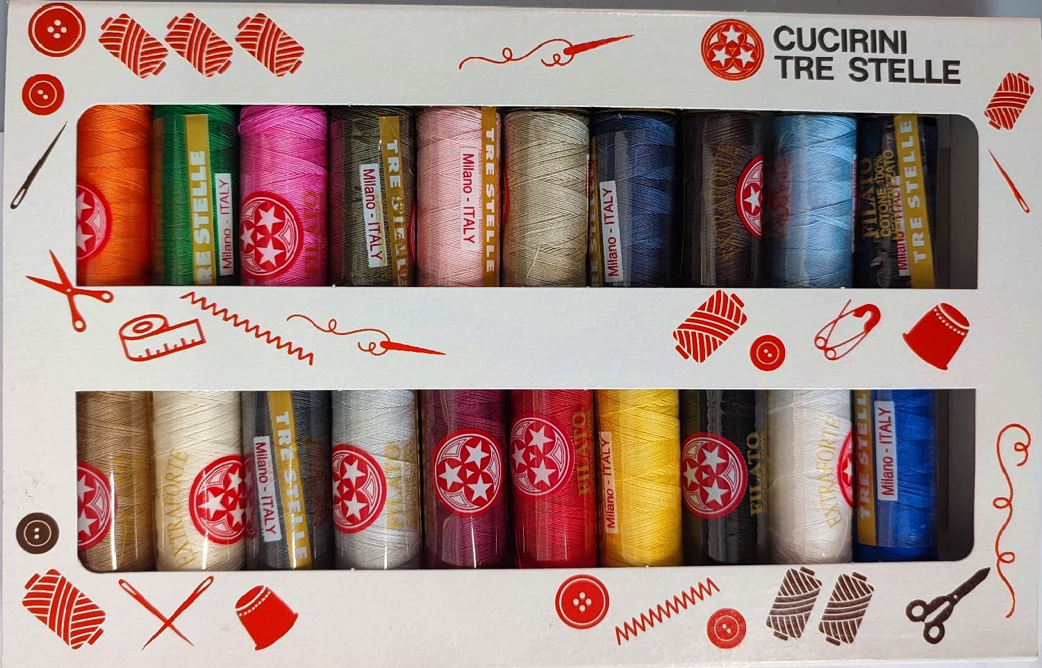 Cucirini Tre Stelle set filo da cucito con 20 bobine Tre Stelle Super 100m in 100% cotone mercerizzato Made in Italy