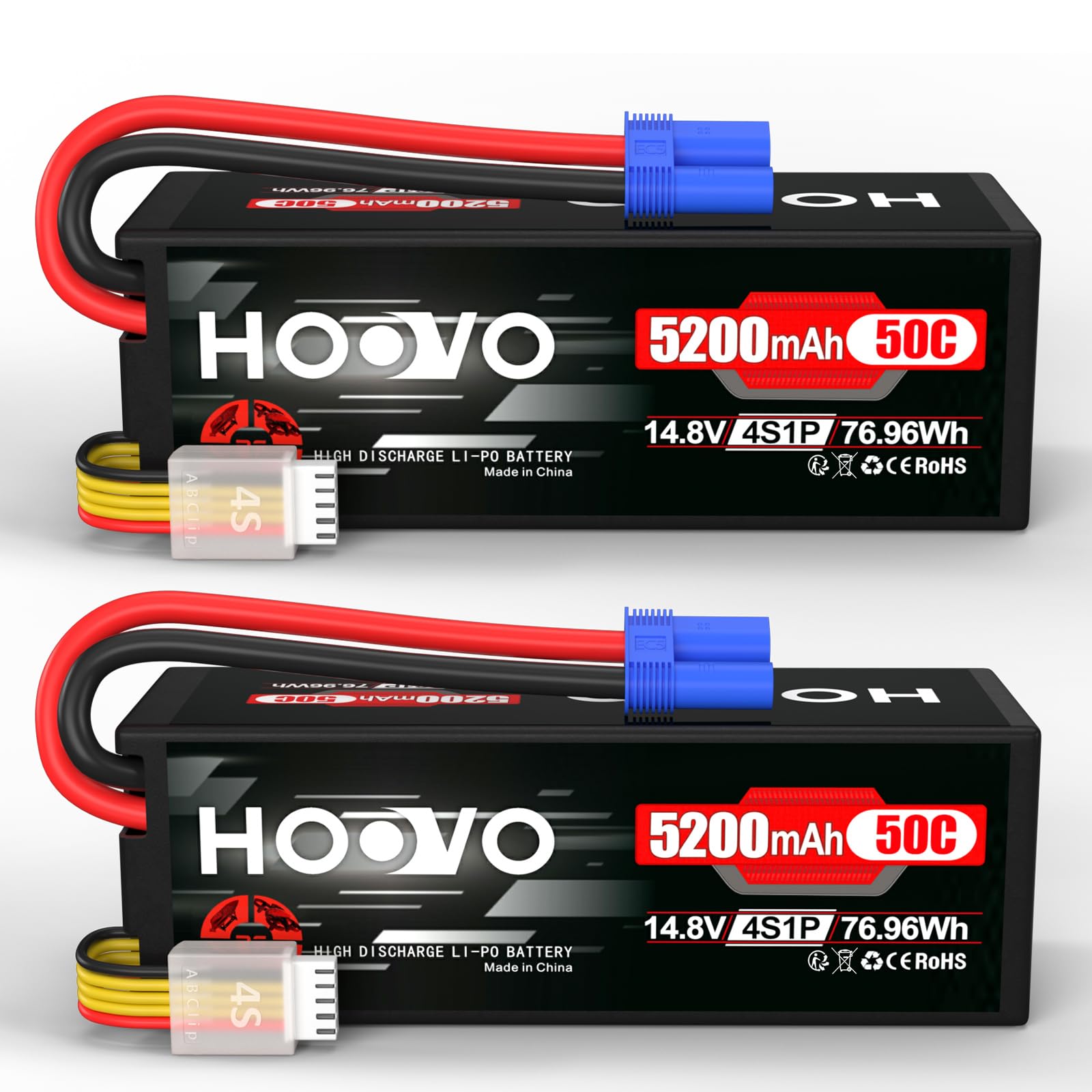 HOOVO 4S Lipo Battery 14.8V 5200mAh 50C RC Battery Hard Case with EC5 Plug for RC Buggy Truggy Crawler Monster Car Boat Racing Drone Hobby(2 Pack)