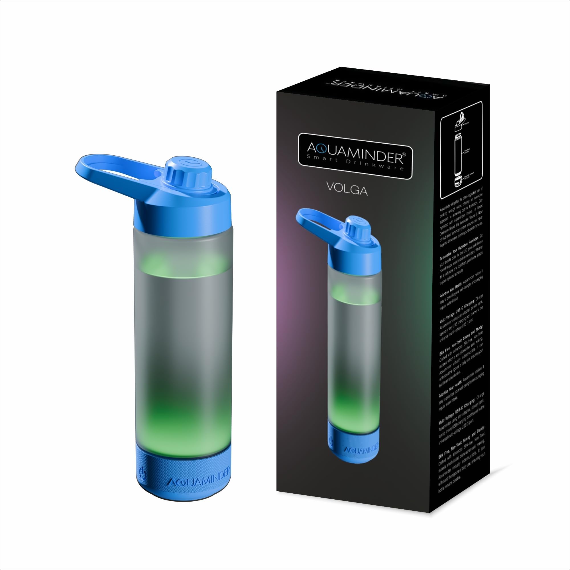 Aquaminder Silicone Smart Water Bottle With Hydration Reminder For Adult & Kids With Easy Grip, Glows & Beep Feature Frosted Water Bottle 770 Ml | Perfect For Gift, Gym,Office & Daily Use (Volga Blue)