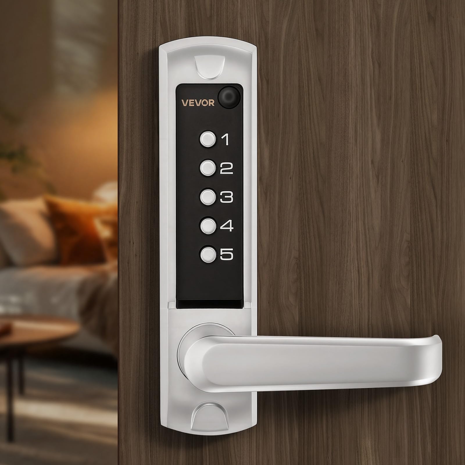 VEVOR Mechanisches Codeschloss mit Einseitigem Tastenschloss (5-stelliger Code), Schlüsselloses Türschloss mit Griff & Automatischer Verriegelung, für Haustüren Gartentore Garagen Outdoor, Silber
