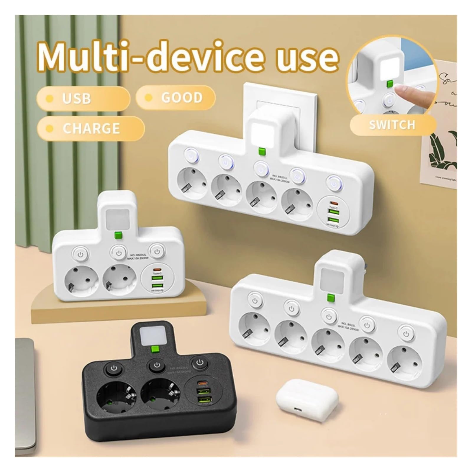 Multiprise ca ue, multiprise, sans câble d'extension, avec Ports USB, protection contre les surtensions, filtre réseau, interrupteur individuel(4 AC Black)