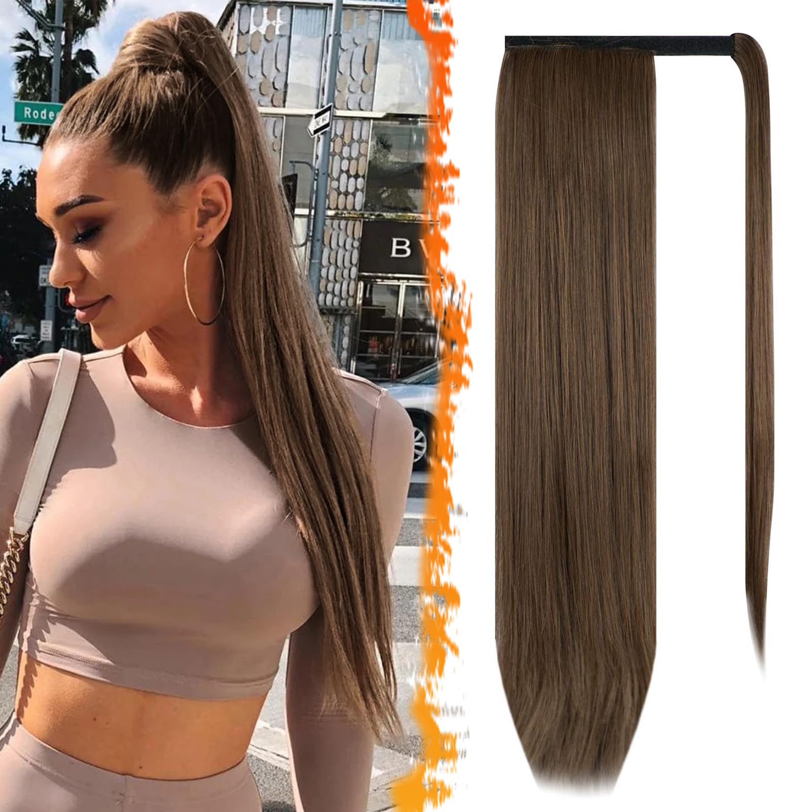 BARSDAR Golden Brown Straight Wrap Ponytail Extension - 30 Inch Long Straight Wrap Around Ponytail Hair Extensions for Women, Synthetic Clip in Brown Pony Tails