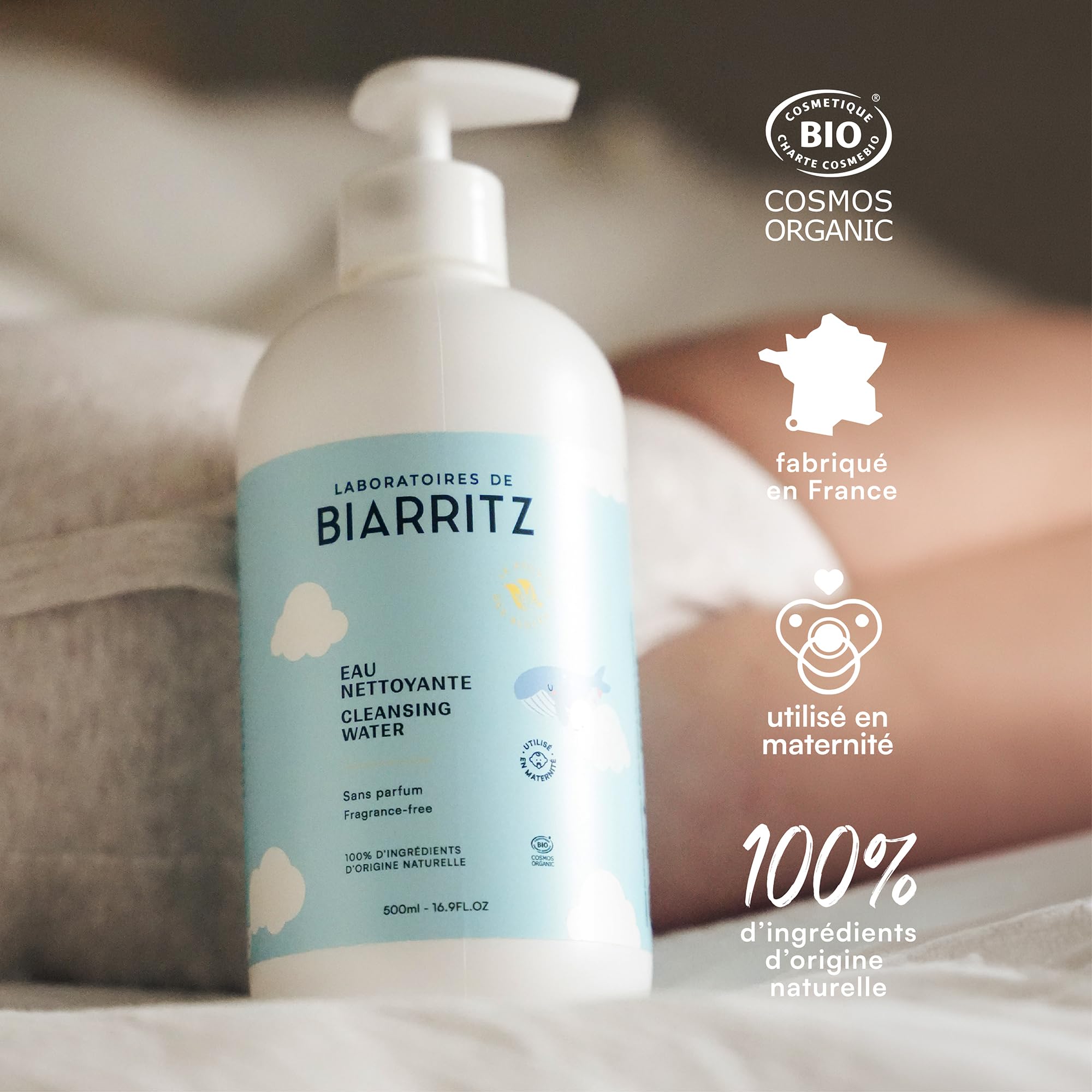 Laboratoires de Biarritz - Eau Nettoyante Micellaire pour Bébé - Certifiée Bio - Apaise et Rafraîchit la Peau - Visage, Corps, Mains & Siège - 500 ml - Fabriquée en France