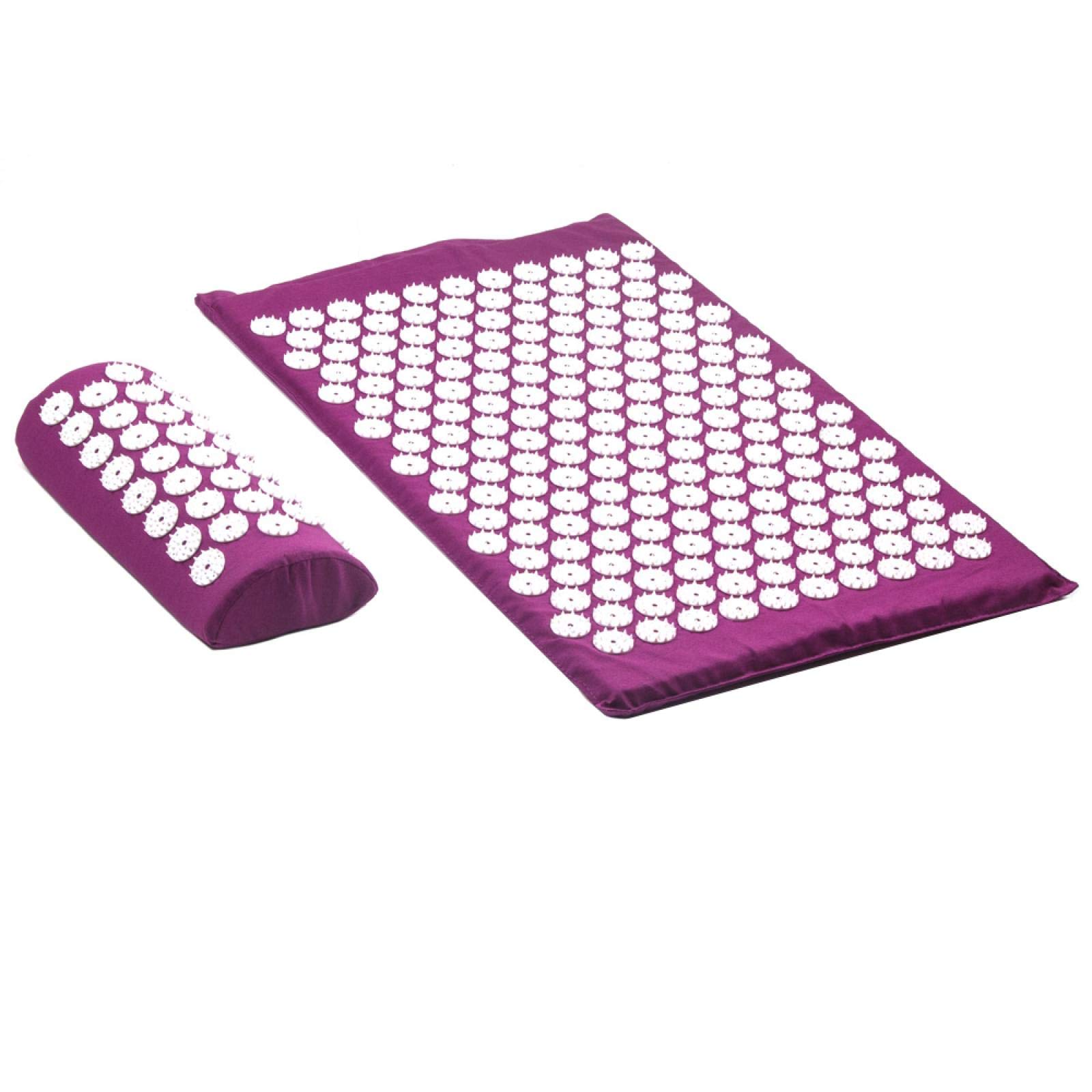 NX - Tappetino massaggiante per agopressione, per schiena, corpo, piedi, per alleviare lo stress, il dolore, Shakti, Acupuntura, yoga, con cuscino, M2SetPurple