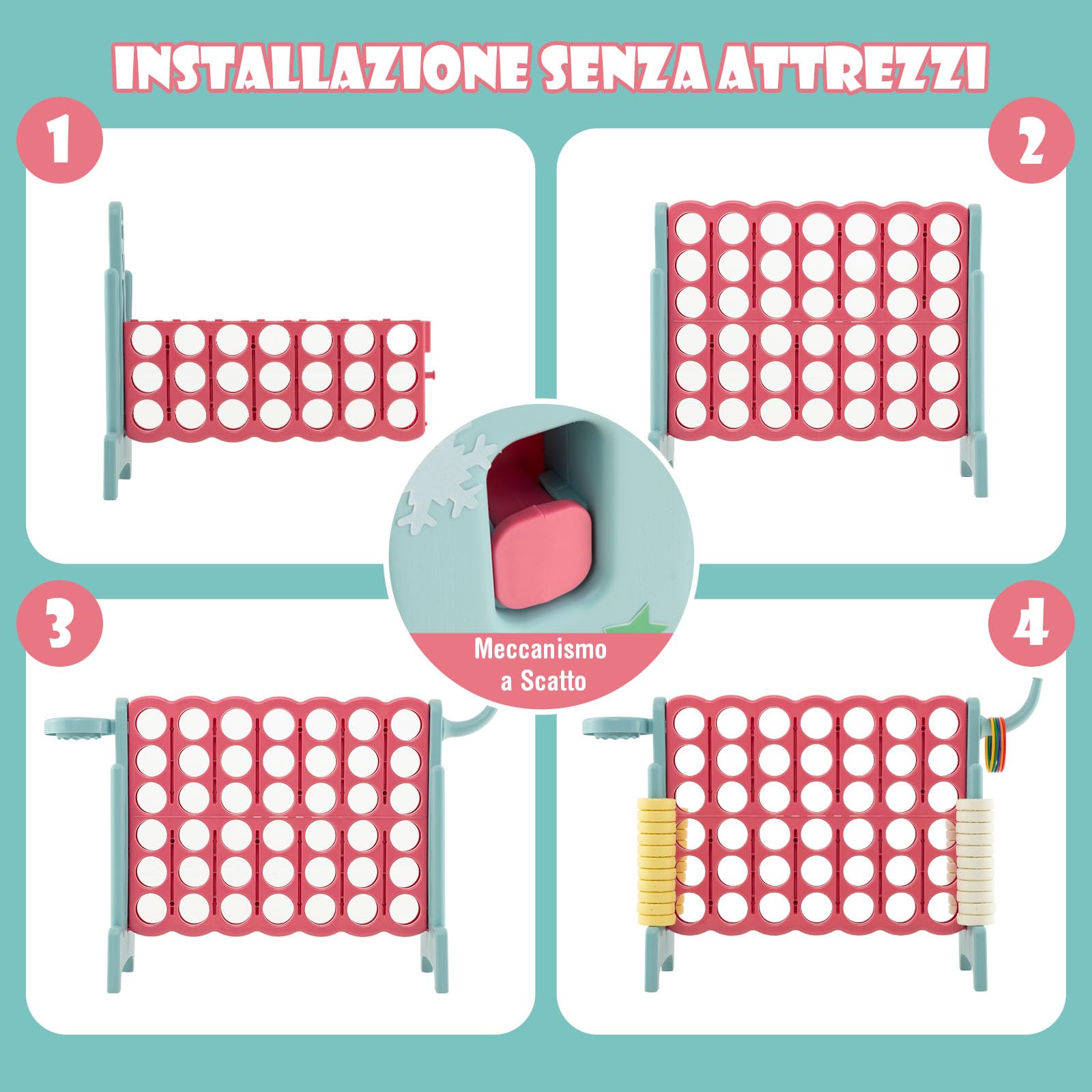 GYMAX Gioco Gigante 4 in Fila, Set di Gioco 4-to-Score con Canestro e Anello da Lancio, 42 Anelli di Facile Presa, Leva di Reset Rapido, Set di Gioco per Interni ed Esterni (Rosso E Verde)