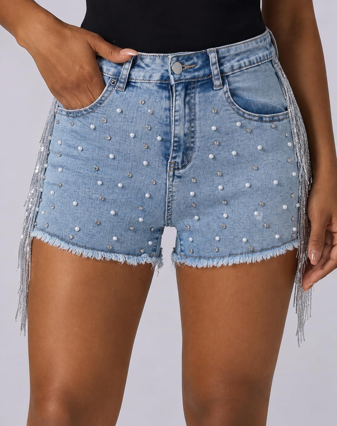 Cyparel Womens High Waisted Denim Shorts Ripped Rhinestone Fringe Pearl Beaded Tassel Stretchy Frayed Hem Summer Jean Shorts