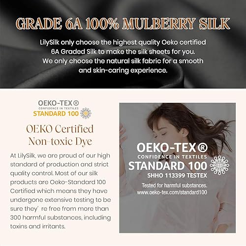Vista 7 de LILYSILK Juego de sábanas bajeras de seda 100 de 3 piezas, 2 fundas de almohada terse, bolsillos profundos de 16 pulgadas, seda de morera de 19 Negro