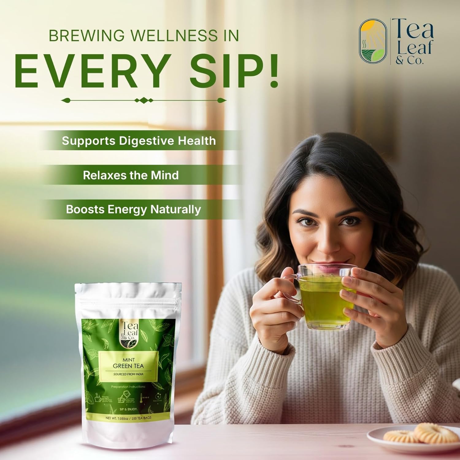 Tealeaf & Co. Mint Green Tea Bags Blended with Fresh Herbs - Spearmint & Peppermint Tea - Contains Low Caffeine - Gluten Free - 100 Teabags (7.055oz/200gm)