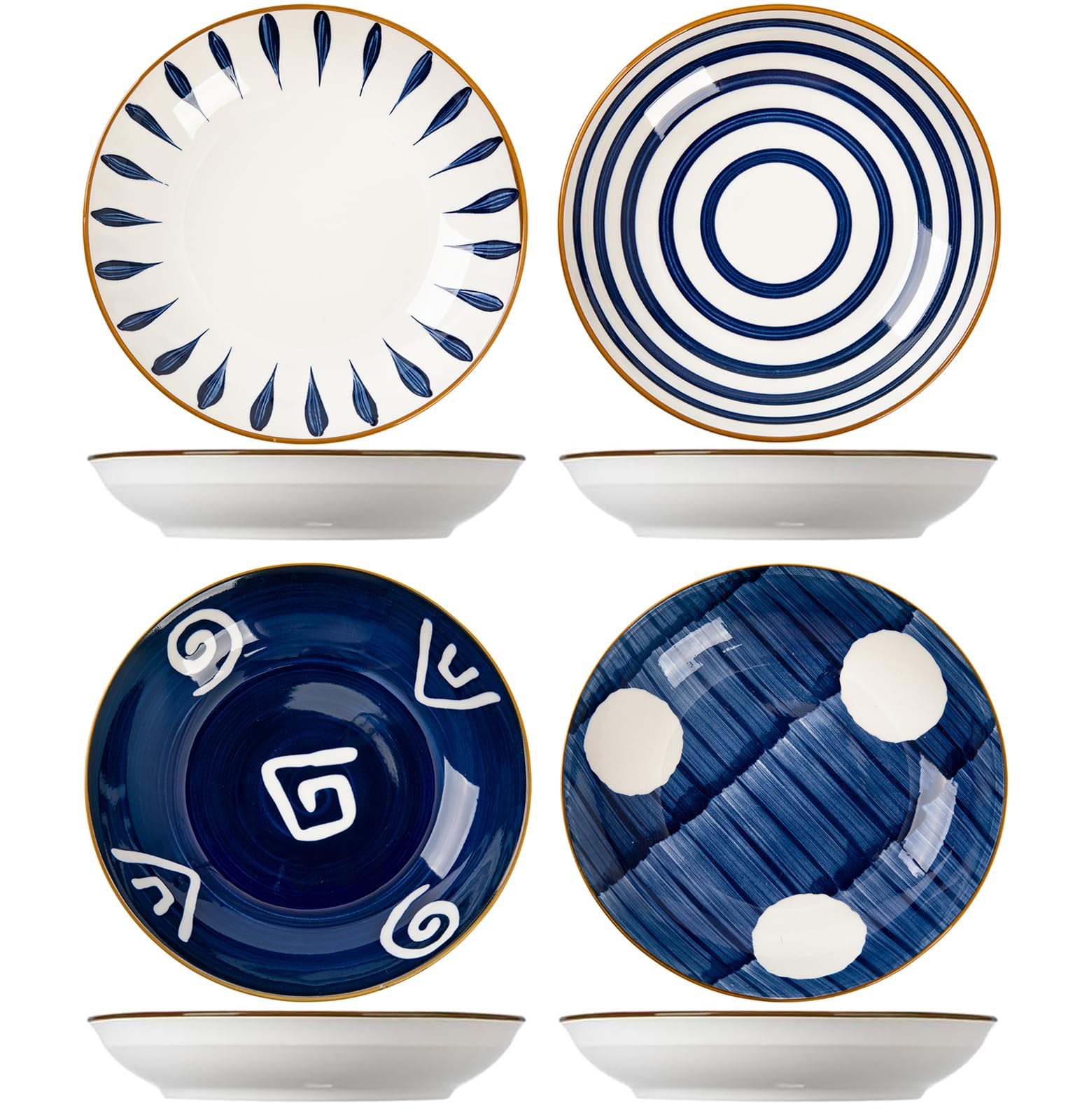 TuYines Ceramic Deep Dinner Plates Set of 4 Patterned,8 Inch Ceramic Dessert Plates,Salad Plates Set,Dinnerware Set for Pasta Bowls,Ramen Microwave & Dishwasher Safe