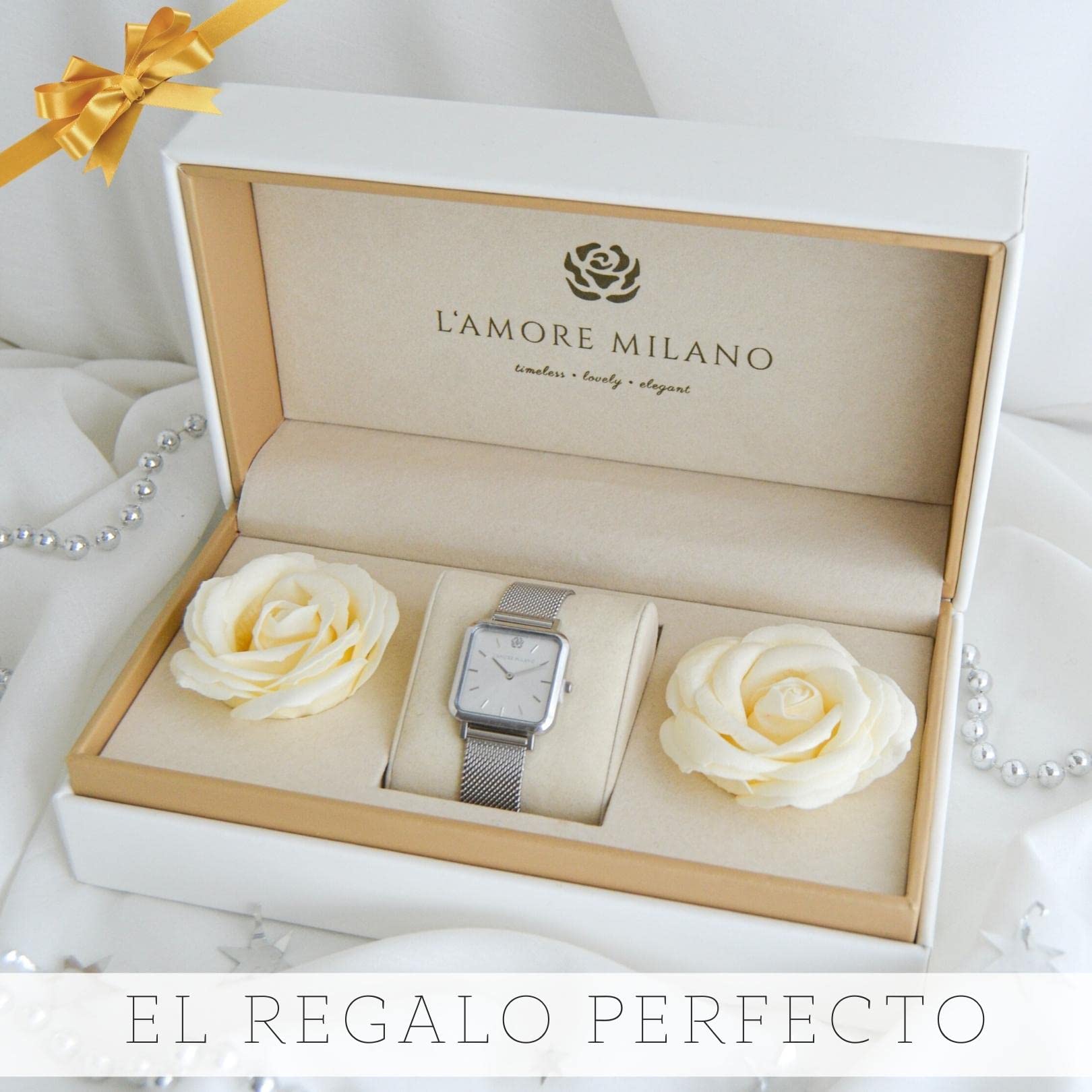 L'AMORE MILANO - Reloj Mujer Regalos Originales para Mujer - 28mm Relojes Mujer Cuadrado para Novias, Madres Oro, Rosa y Plata