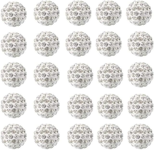 50PCS 10MM Crystal Rhinestone Beads Pave Disco Ball Clay Beads Rhinestone Earring Making Beads Charm Round Spacer Bead for Jewelry Crafts Making(White)