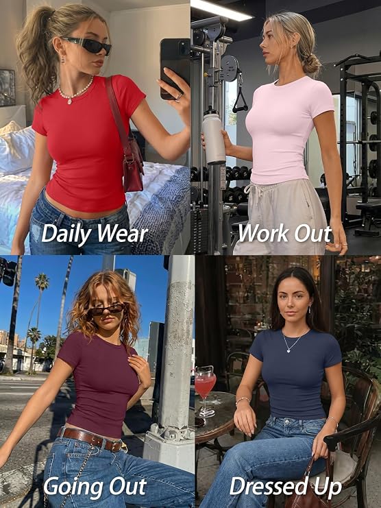 Trendy Queen Womens Basic T Shirts - Stretchy Soft Slim Fit Short Sleeve Y2k Cute Summer Crop Workout Tops