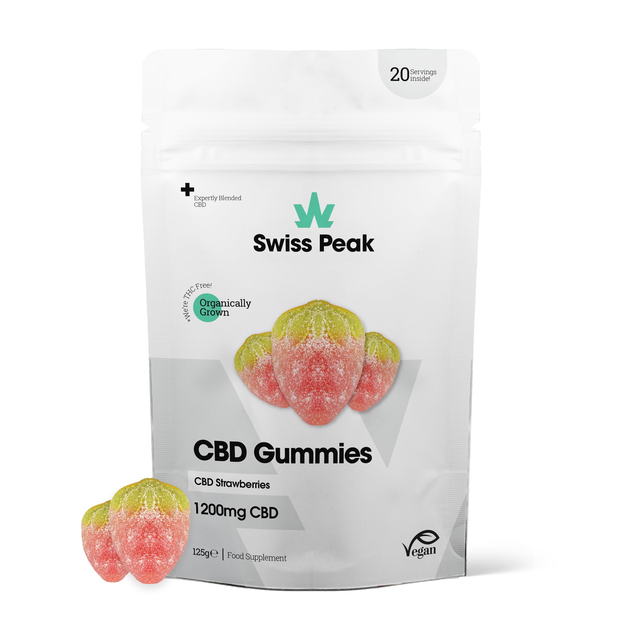 Swiss Peak 1200mg CBD Gummies, Delicious Edible Strawberries, UK-Made, Vegan, THC-Free, Premium CBD for Relaxation & Wellness, On-The-Go Grab Bag – 20 Gummies Per Pack