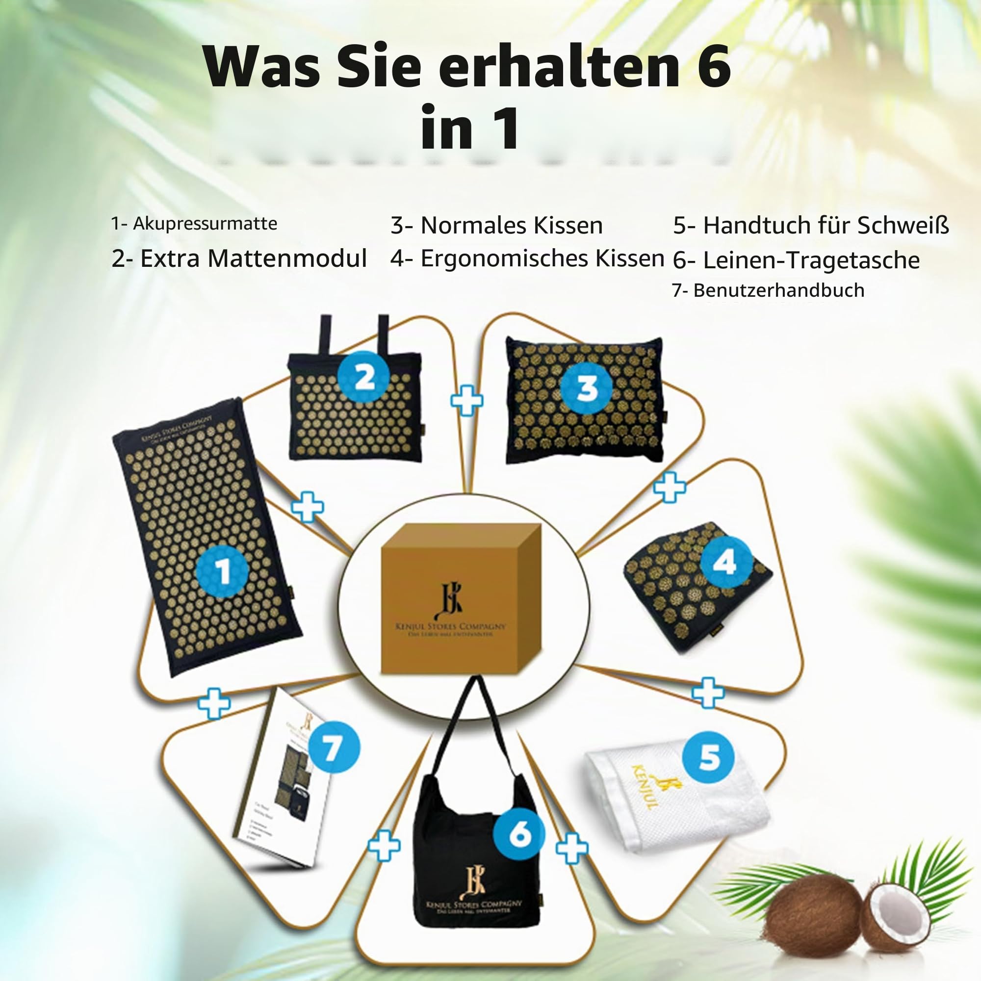 Akupressurmatte XXL (6-teilig) mit ergonomischem Kissen & Wärmfunktion – Ganzkörpermassage zur Linderung von Verspannungen, Rücken- und Nackenschmerzen inkl. Tasche & Anleitung (Schwarz-Gold)