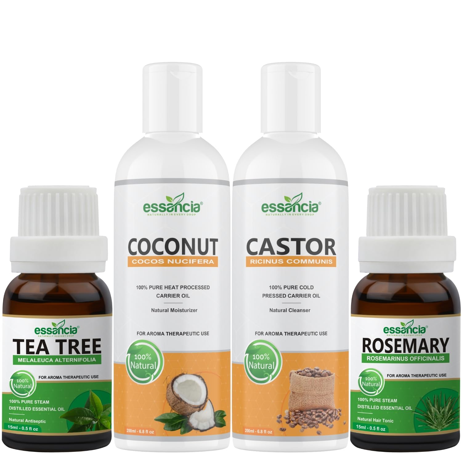 Essancia Hair Oils Combo/Hair Care Kit (Castor Oil + Coconut Oil + Tea Tree Oil + Rosemary oil) controls Hair Fall - Promotes Healthy Hair Growth-image-16