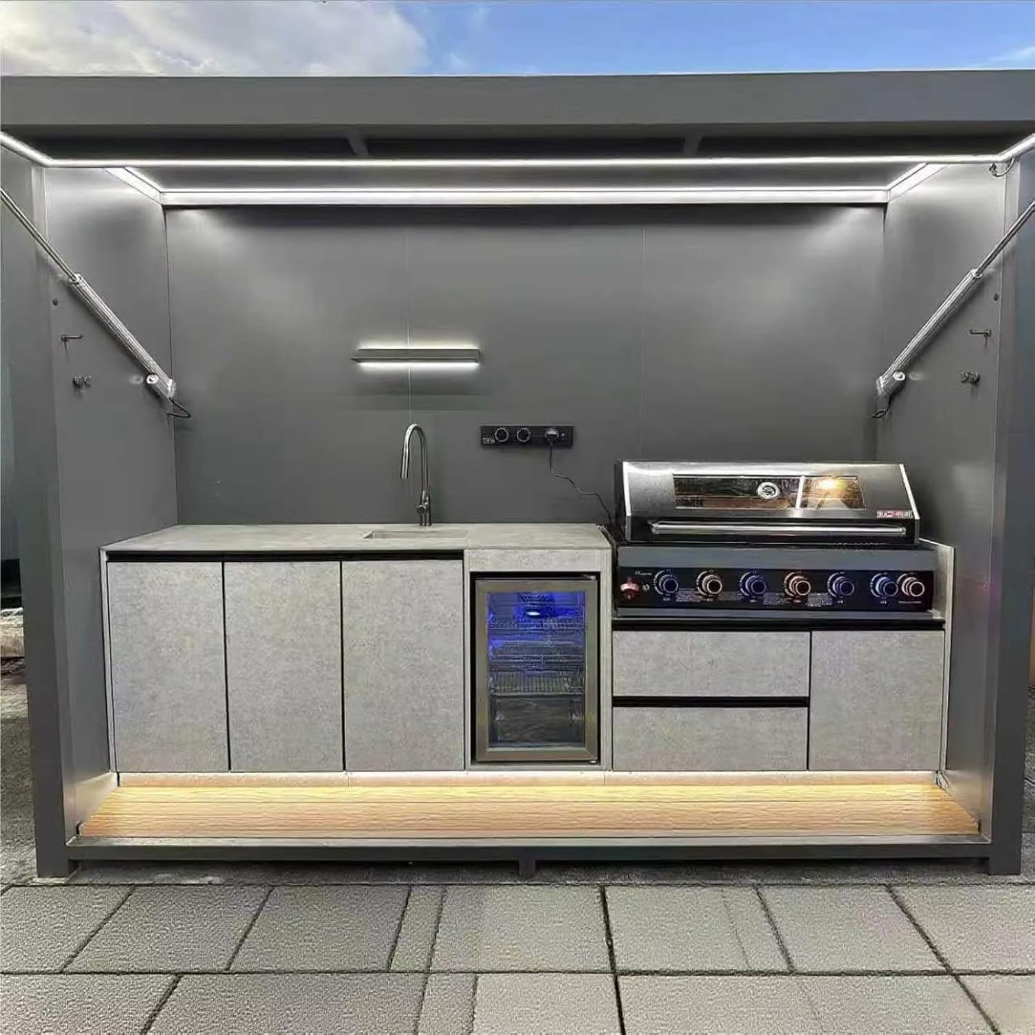 Outdoor Kitchen Bbq Island for Patio Backayrd, Portable Premium Shed Modular Outdoor Kitchen with Grills Refrigerator Sinks Oven