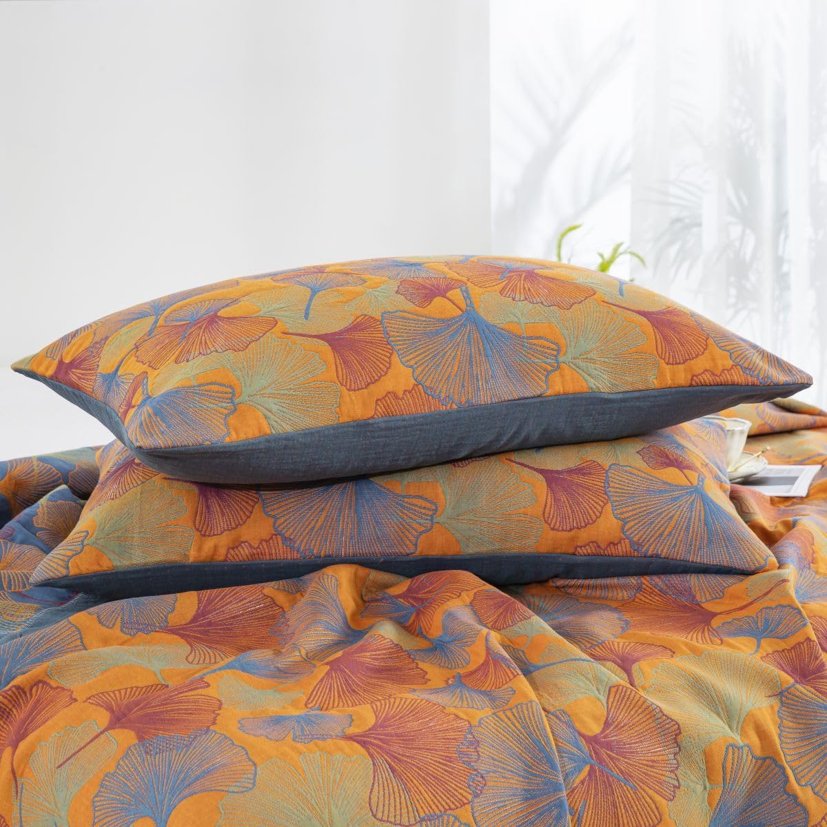 Purefair 100 Cotton Muslin Pillow Shams Set of 2 Jacquard Orange Floral Ginkgo