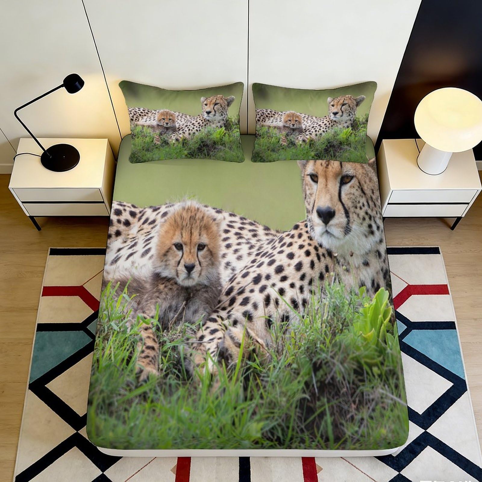 3D Printed Cheetah Animal Fitted Sheet Microfiber Soft Durable 3D Printed Wildlife Bed Cover for Bedroom Dormitory Guest Room Mattress Protection 120x200x25cm