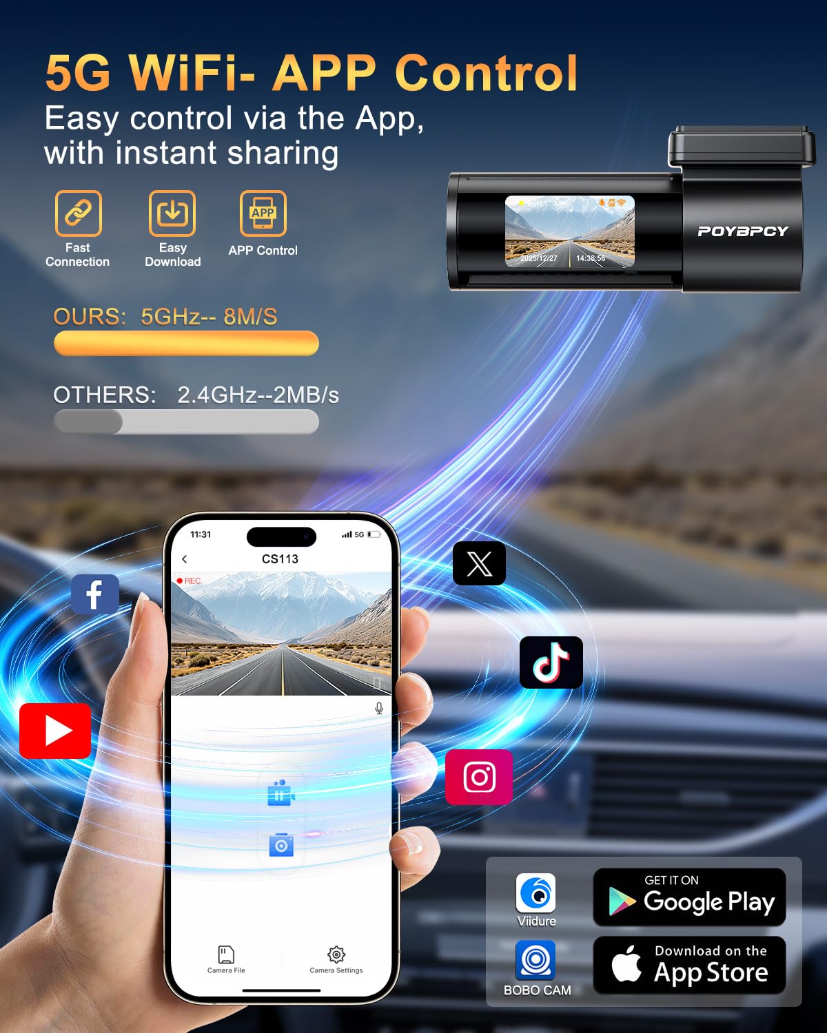 Dash Cam Auto 2.5K WiFi 5G con APP, Mini Dashcam Auto 170° Grandangolo, Telecamera per Auto 360 Gradi Rotabile, Visione Notturna WDR F1.8, G-Sensor, Loop Recording, Parking Monitor e Time-Lapse