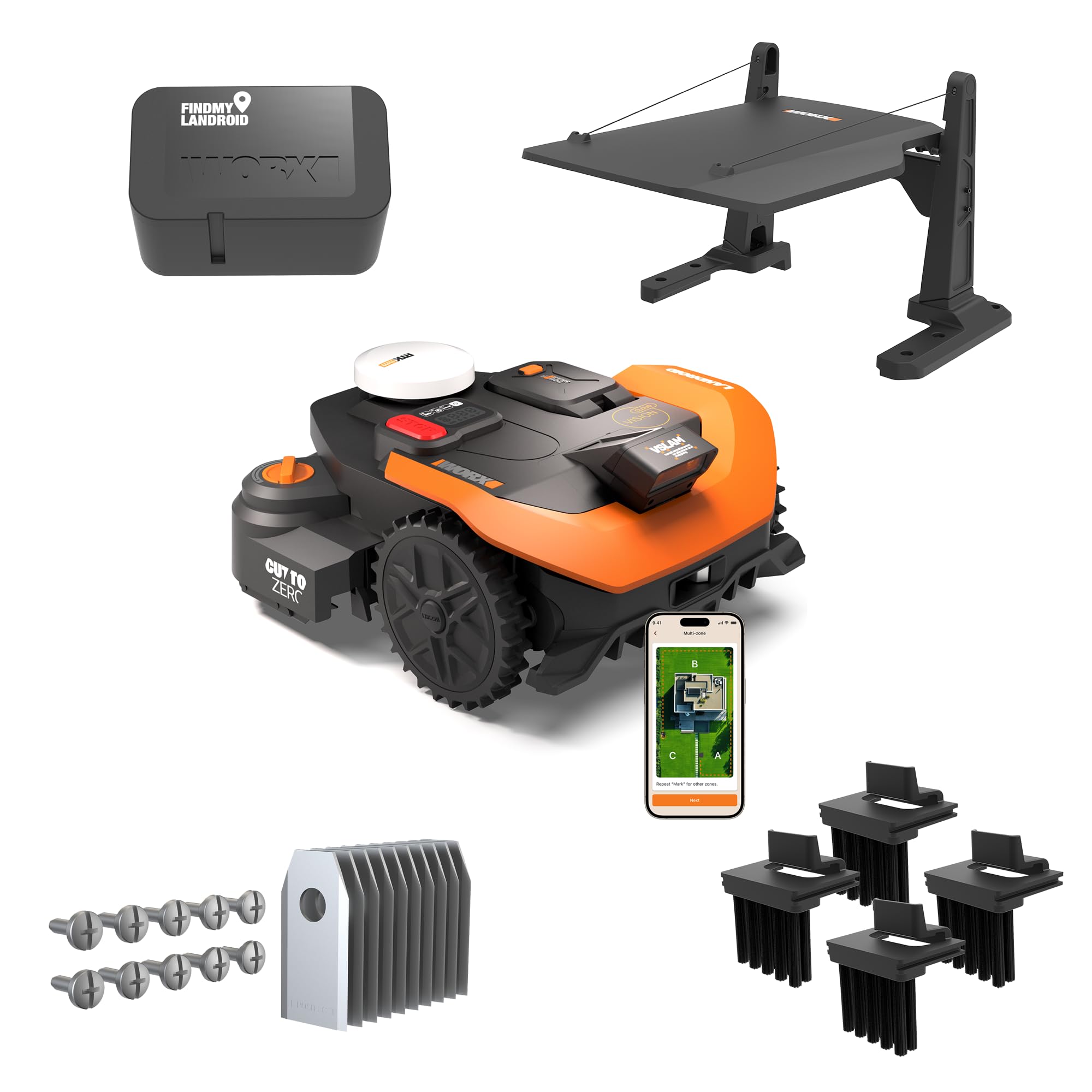 WORX Vision Cloud 2WD WR318E Robot tondeuse 1800 m² sans fil périphérique + Garage + Antivol + Brosse de roue + Lames longue durée (évitement d'obstacles IA, navigation VSLAM + RTK Cloud, Cut-to-Zero)