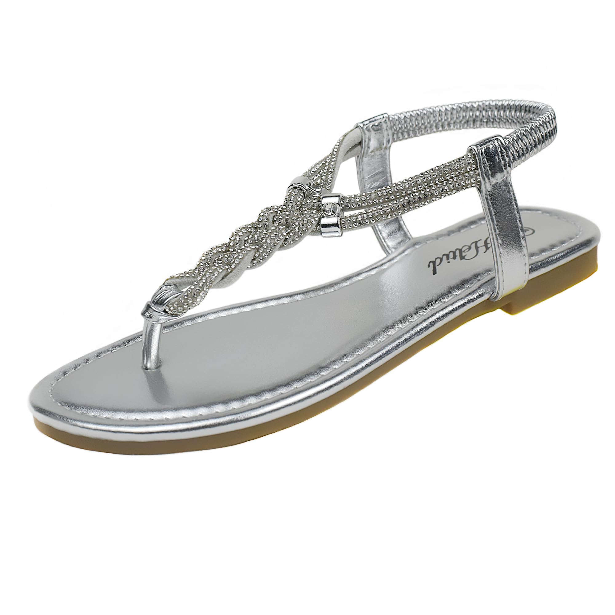 Heltid Women's Rhinestone Thong Flat Sandals Elastic Ankle Strap Bohemian Dressy Sandals for Women