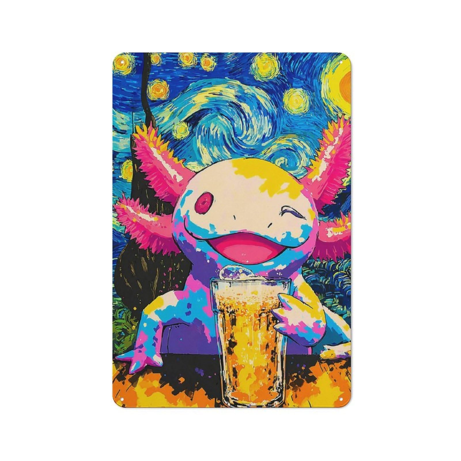 Junmoney Starry Night Axolotl Enjoying Beer Tin Sign 30X20cm For Café Or Home Bar, Rustic Wall Decor, For Café-Style Decor Fans