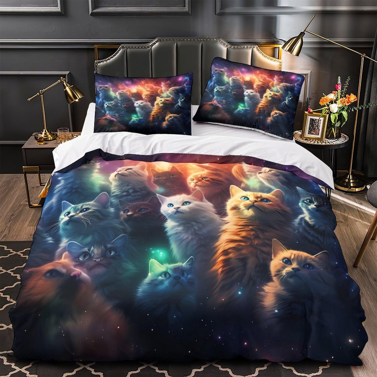 Housse de couette chats 3D hypoallergique et légère 200x200cm fantaisie double