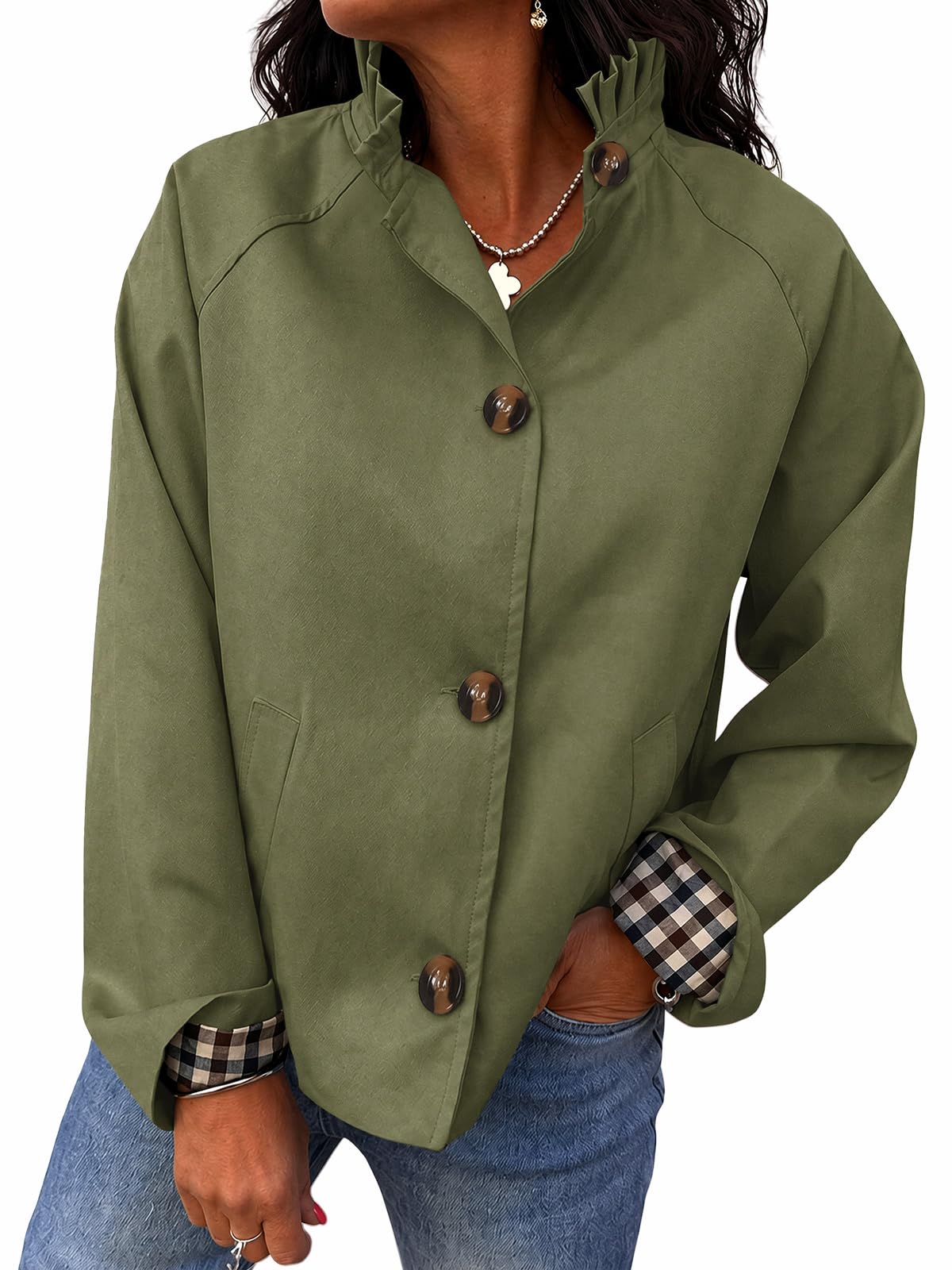 Cicy Bell Womens Ruffle Short Trench Coat Single Breasted Cropped Jackets