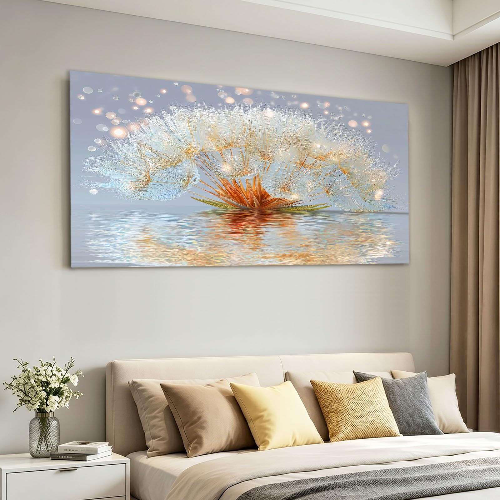 Lienzo decorativo para pared, romántico, gris, marco para salón, plantas, diente de león, pintura decorativa para oficina, pasillo y dormitorio, 90 x 60 cm
