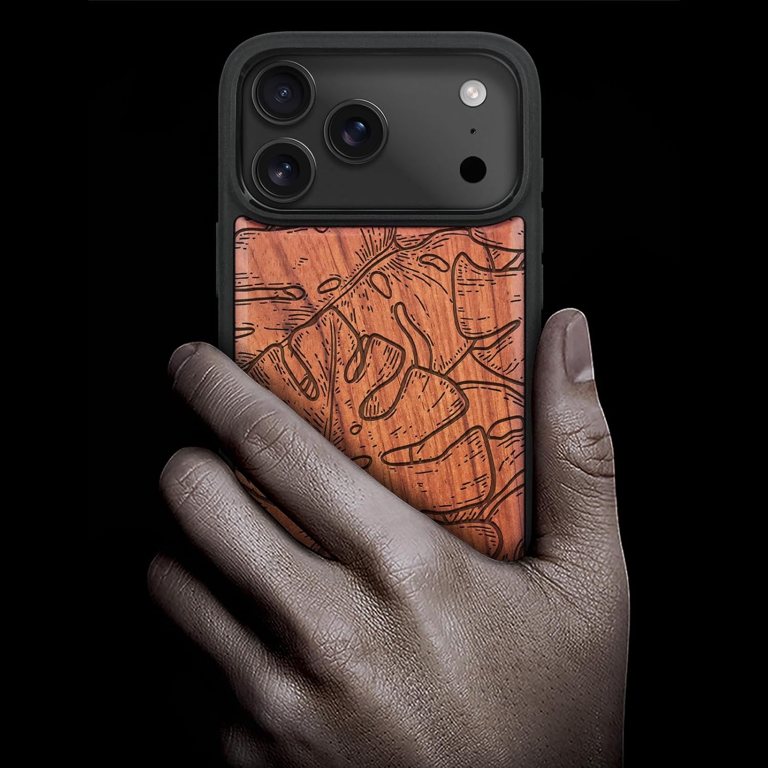 Carveit Magnetic Wooden Case for iPhone 17 Pro Max Case, Wood Artisan Engraved & Black Soft TPU Shockproof Cover, Compatible with MagSafe Wireless Chargers (Monstera Shadows) Rosy