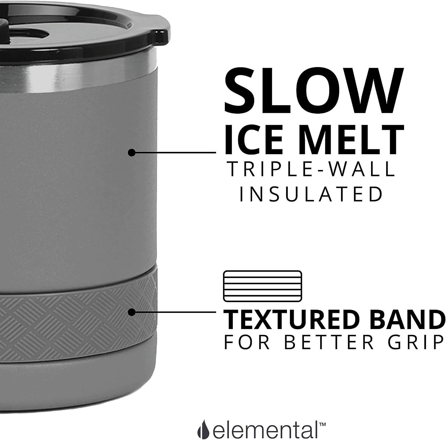 Elemental Recess Lowball Tumbler, 10oz Triple Wall Stainless Steel Cup with Non-Shattered Tritan Lid, Insulated Whiskey Glass, Insulated Coffee Tumbler Mug for Hot & Cold Drinks - Graphite
