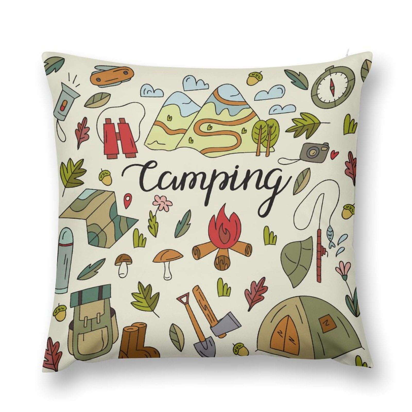 moderw Kids Cartoon Camper Throw Pillow Cover RV Retro Farmhouse Camping Couch Sofa Pillowcases Travel Trailer Rustic Cabin Happy Camp Cushion Case Decoration for Home Bed 18x18inch