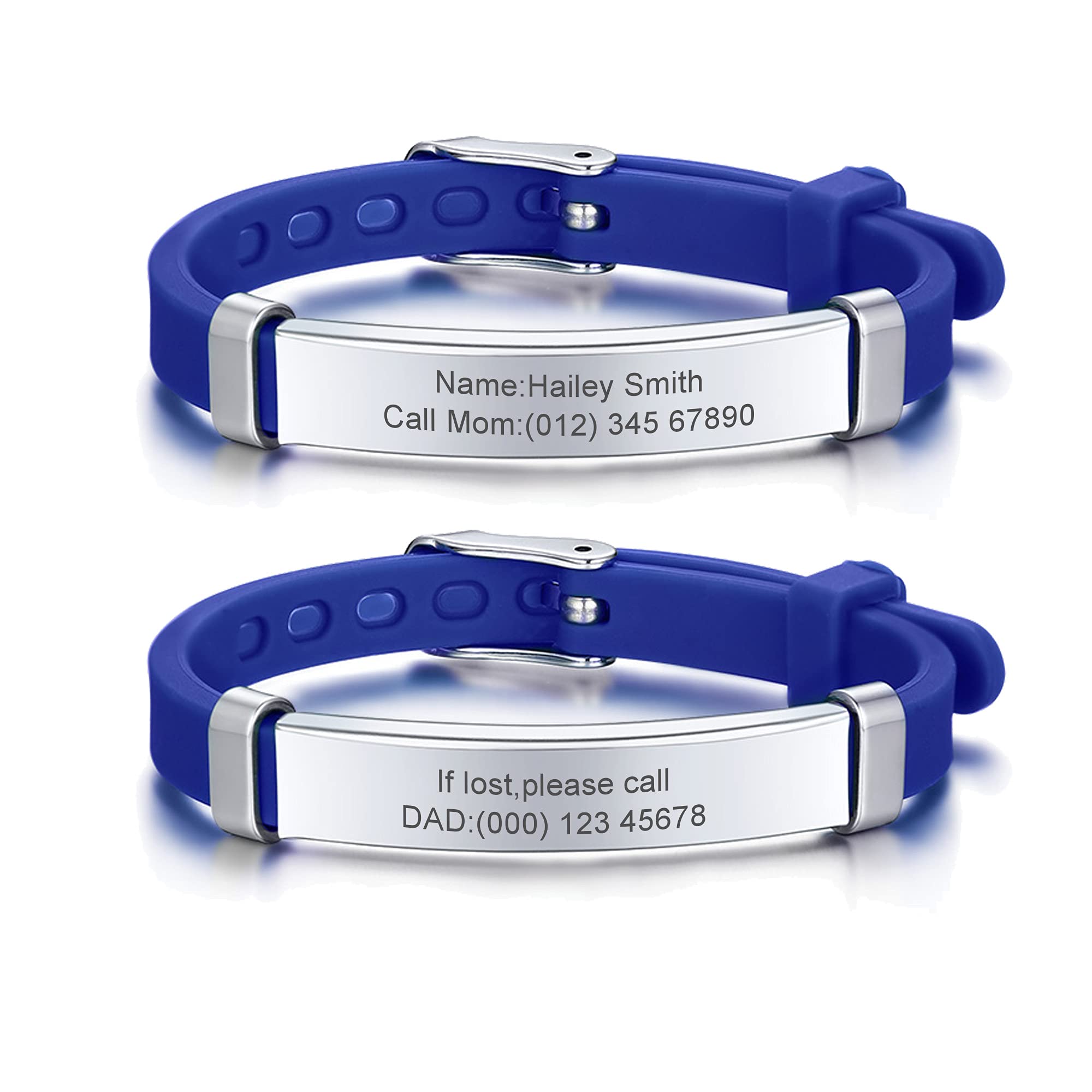 PJ JEWELLERY Pack of 2 Assorted Color Personalised Stainless Steel Soft Silicone Child Safety ID Bracelets Adjustable Anti-Lost ID Wristbands for Kid Girls Boys