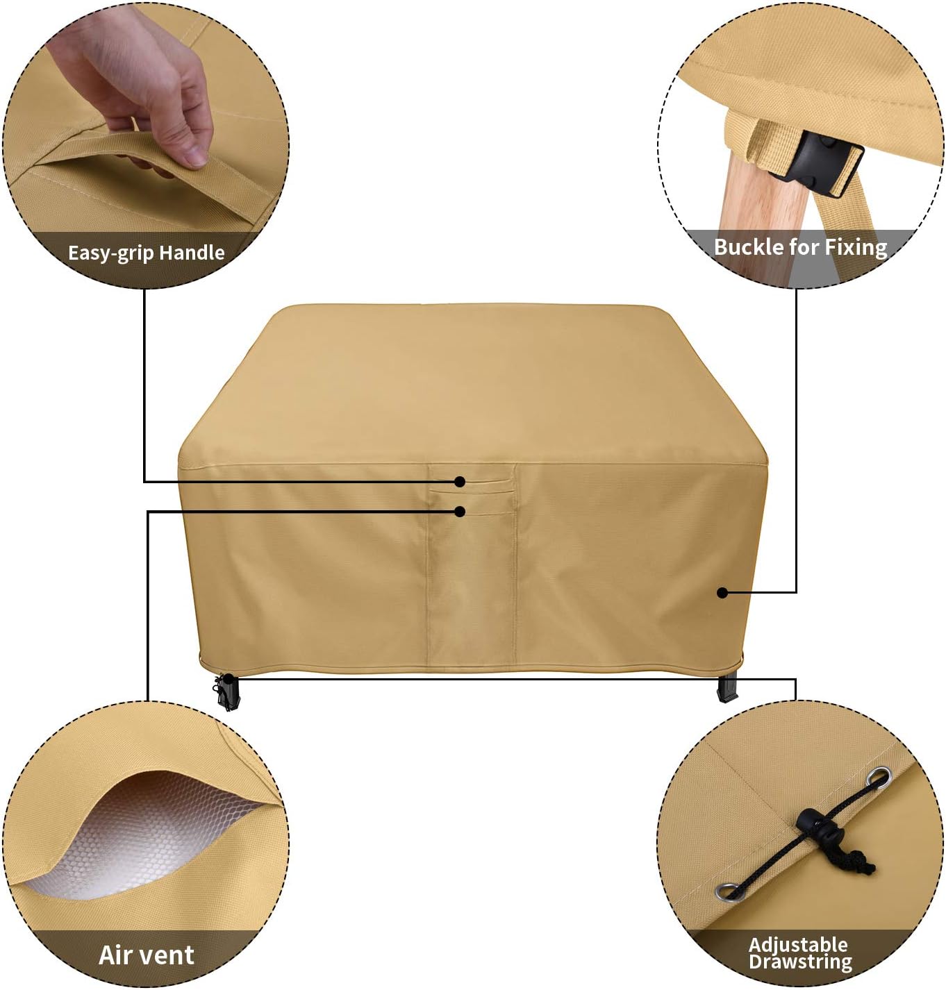 Sunkorto Square Fire Pit Cover, 36 Inch Patio Outdoor Firepit Table Cover Waterproof 600D Heavy Duty Wear-Resistant, Light Brown