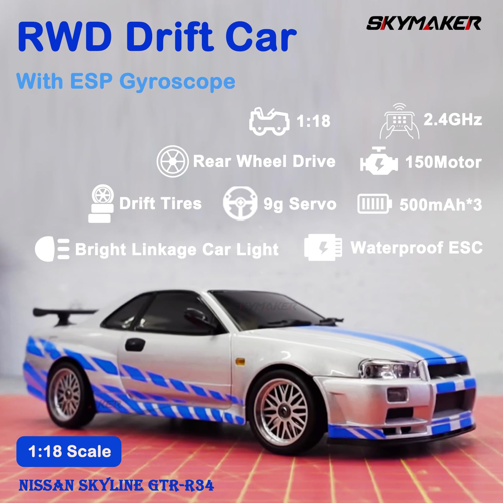 Amazon.com: Skymaker LDRC Drift Car Nissan Skyline GTR R34 1/18
