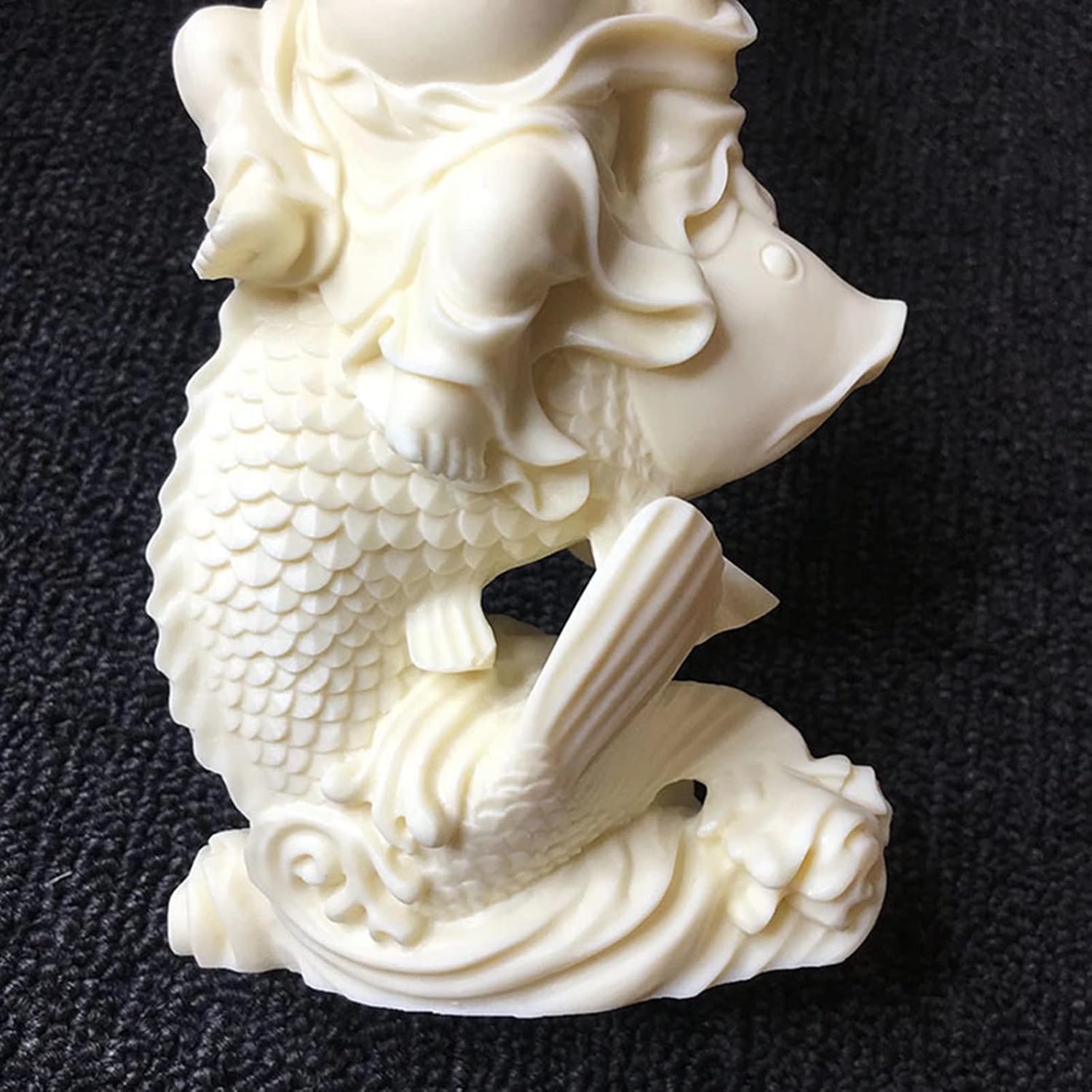 Ivory Fruit Carving Laughing Buddha Sitting on The Fish Statue,Lucky Buddha Statue Figurine Home Decor,Feng Shui Buddha Sculpture Office Shelf Decor,Gift Choice
