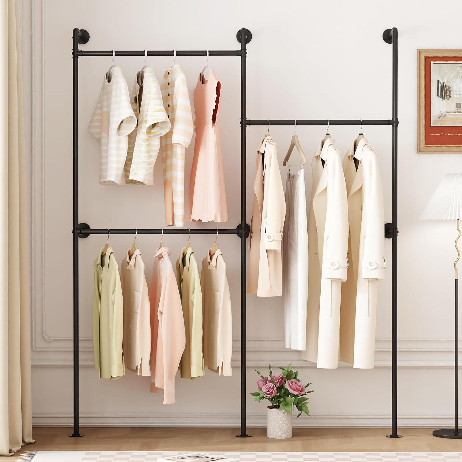 Industrial Pipe Clothing Rack Wall Mount, Black Pipe Clothes Rack with 3 Hanging Rods, Heavy Duty Pipe Clothing Rack for Laundry Room, Closet Systems for Walk in Closets Black 3 rod