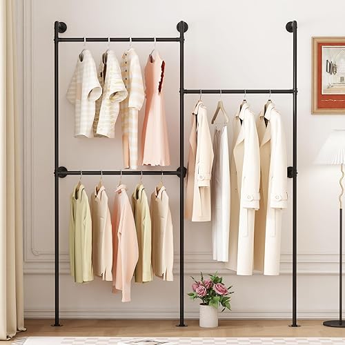 Miniatura 7 de Percheros de ropa de pared dorados con estantes blancos, perchero dorado montado en la pared para barras colgantes, estantes de ropa de tubería