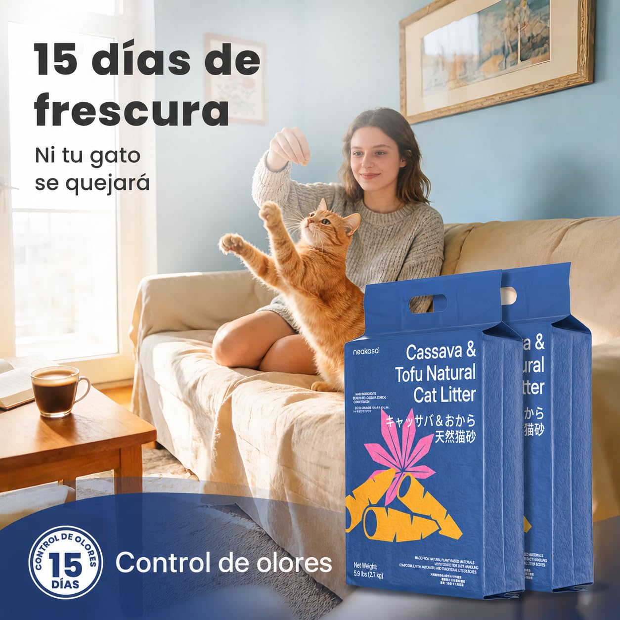 Neakasa Arena para Gatos de Mandioca y Tofu, aglomerante, Control de olores, Ingredientes Naturales Vegetales, Ultra Absorbente y Secado rápido, bajo Polvo