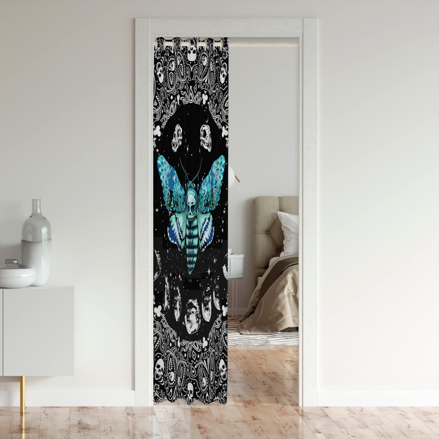 jejeloiu Moth Skull Darkening Blackout Curtain Sun and Moon Boho Door Curtain Doorway Privacy Bohemian Style Closet Door Cover Curtain Psychedelic Hippie Galaxy Astrology 42x80 Inch 1 Panel