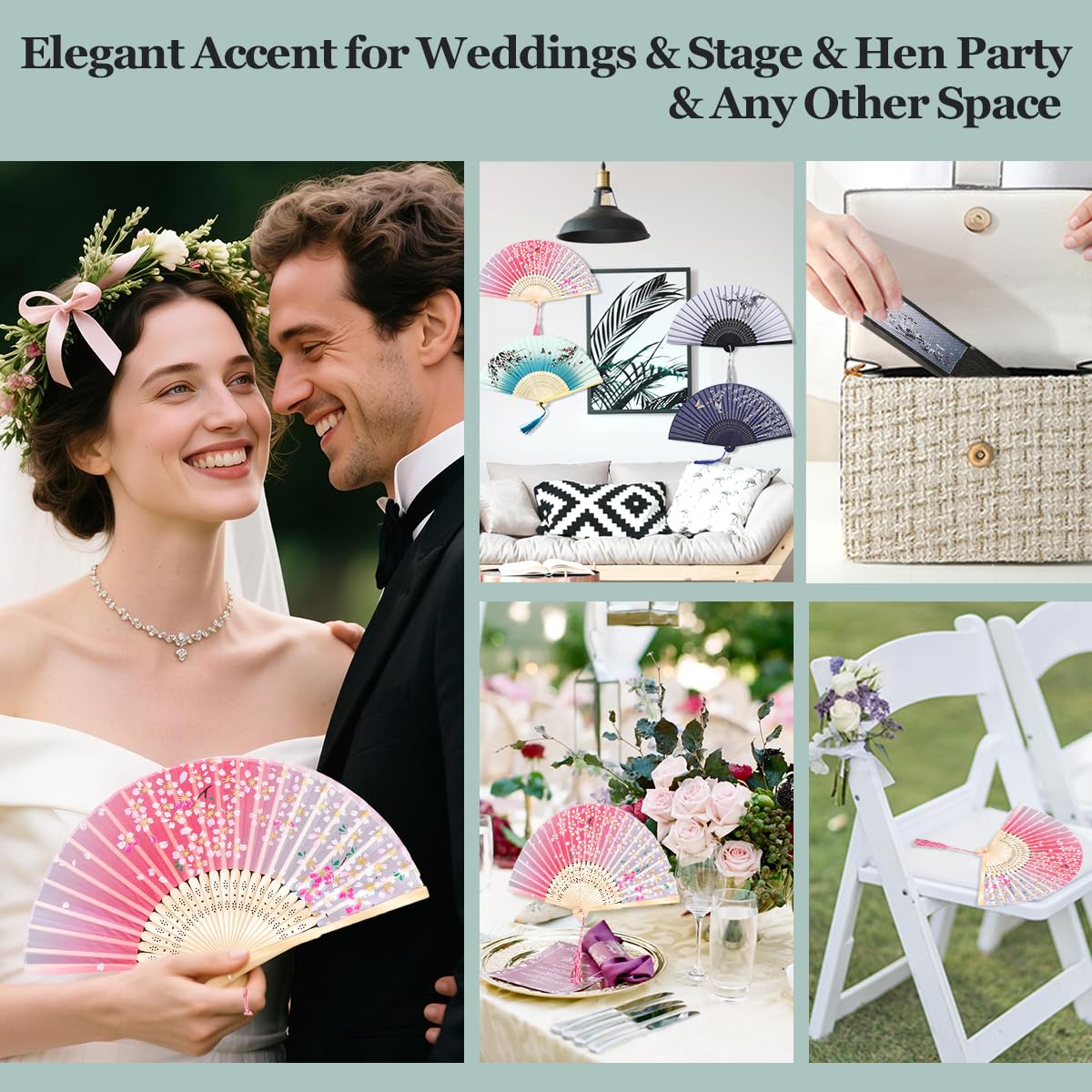 Set 6 Ventagli Pieghevoli In Bambù E Seta - Stile Cinese, Per Matrimoni, Danza, Decorazione, Bianco - Foto 9