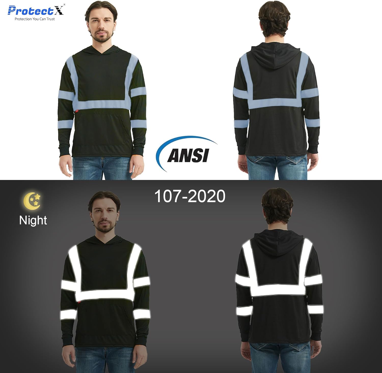 ProtectX 3-Pack Men's High Visibility Heavy Duty Breathable Long Sleeve Reflective Safety T-Shirts for Work Construction