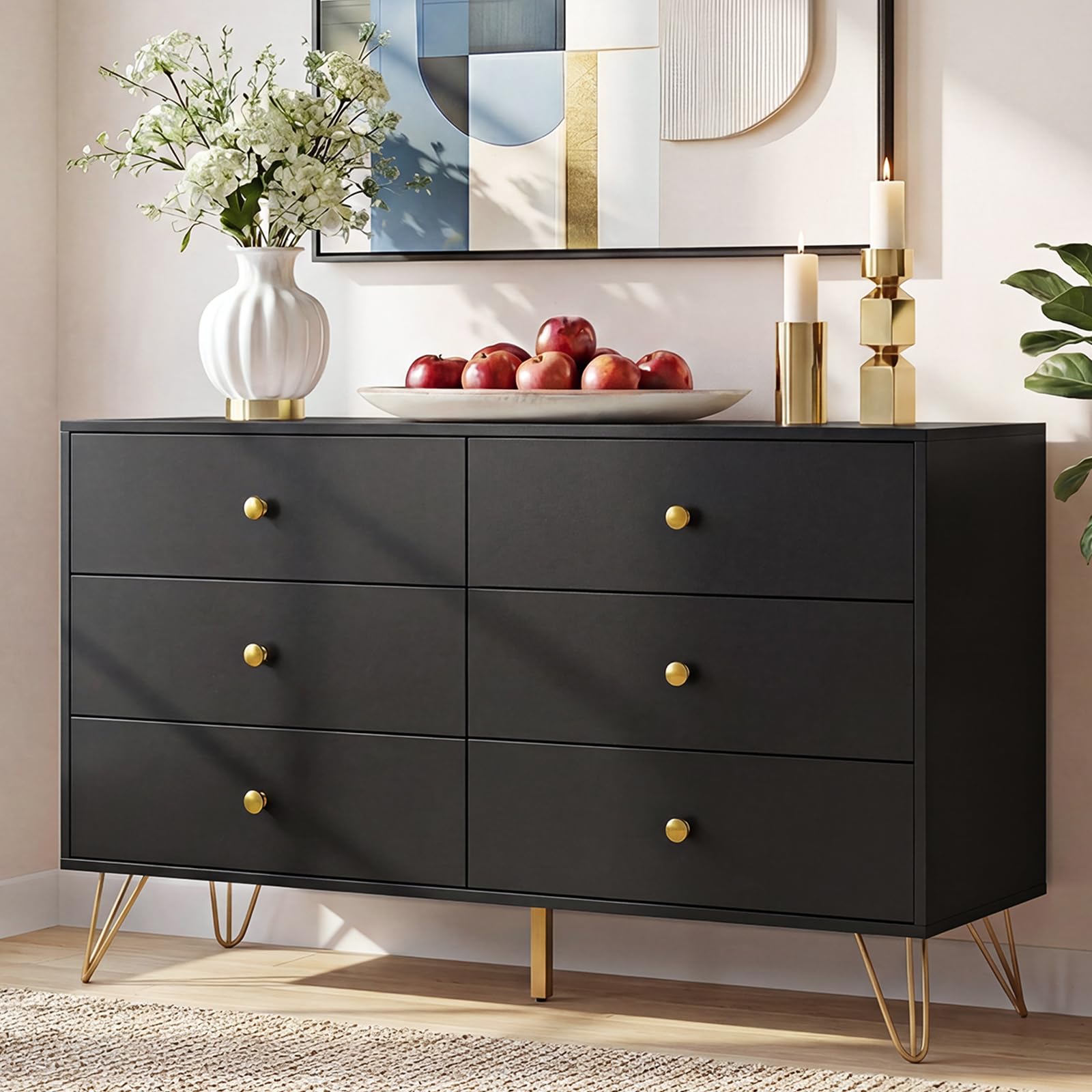 Tradare Black Dresser for Bedroom, 6 Drawer Dresser with Golden Handles, Large Storage Cabinet, Modern Chest of Drawers Organizer Storage for Hallyway