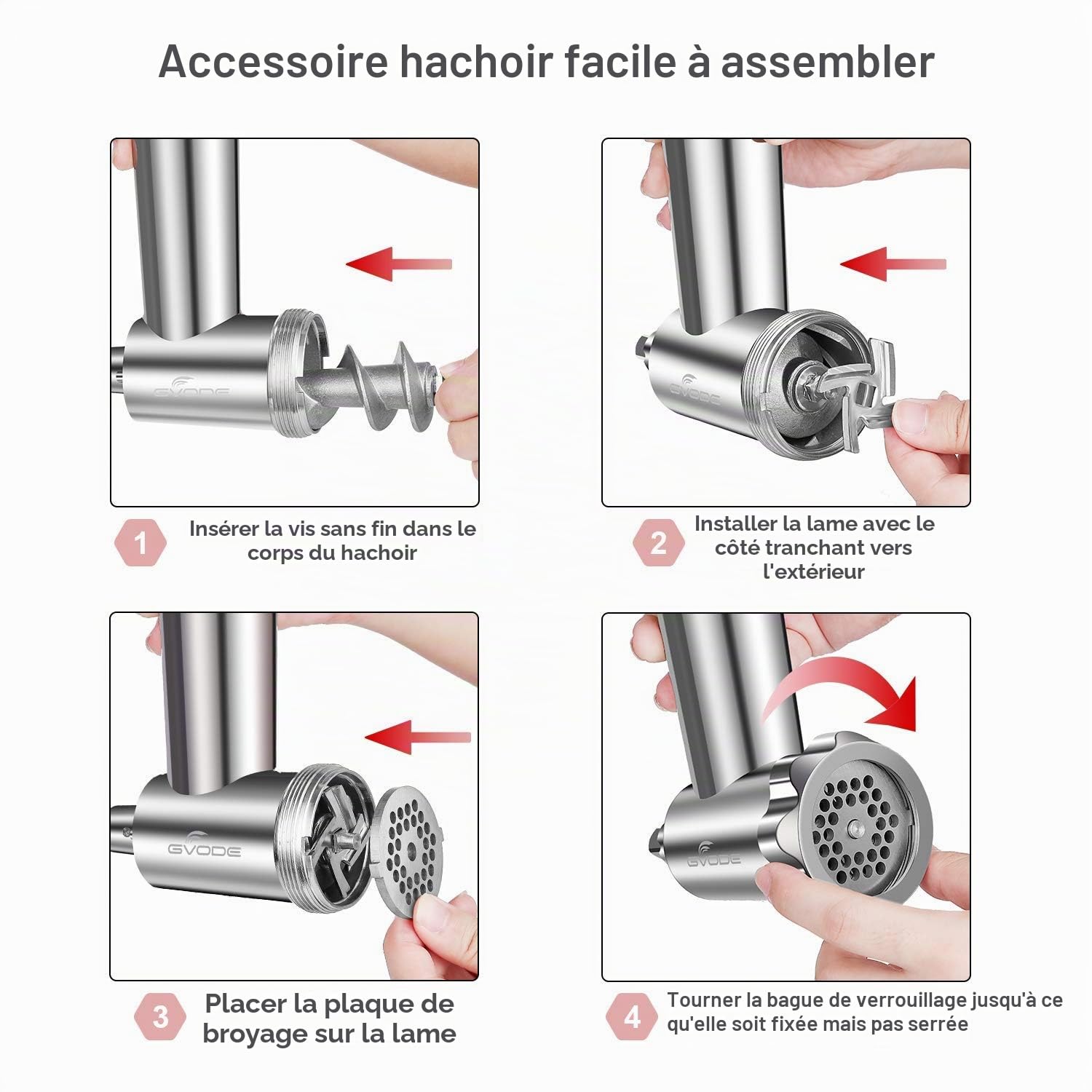 GVODE Acier Inoxydable Hachoir à Viande pour KitchenAid Robot Pâtissier, y Compris le Remplisseur de Saucisses, Parfait Accessoire de Hachage de Viande pour Les Batteurs pour KitchenAid