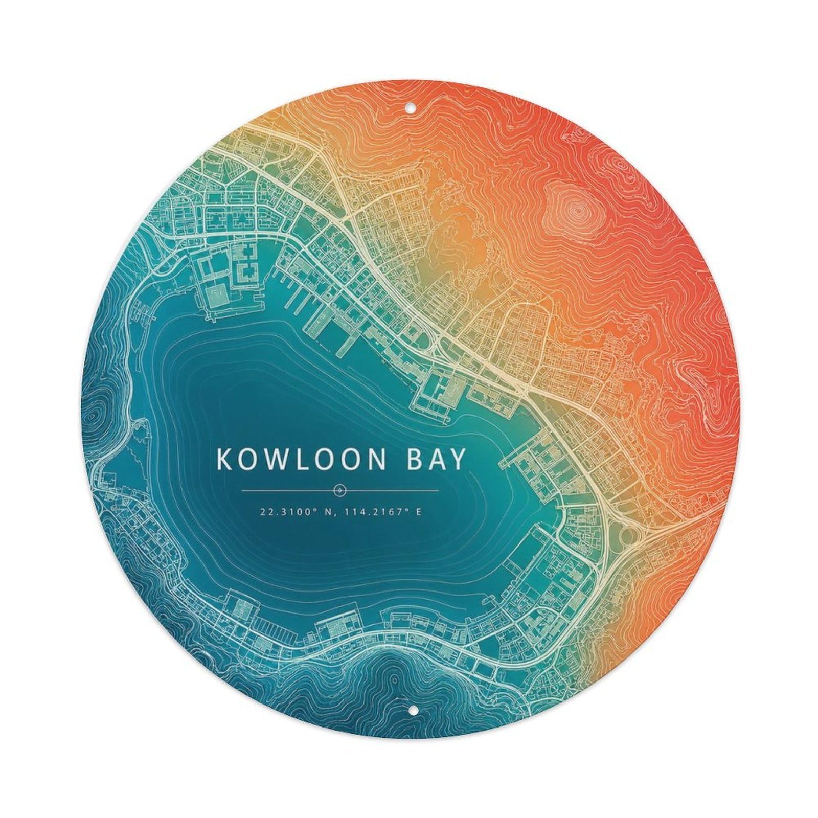 Odgynaw 8X8inch(20X20cm) Kowloon Bay Hong Kong Contour Map Coastal District Metal Tin Sign