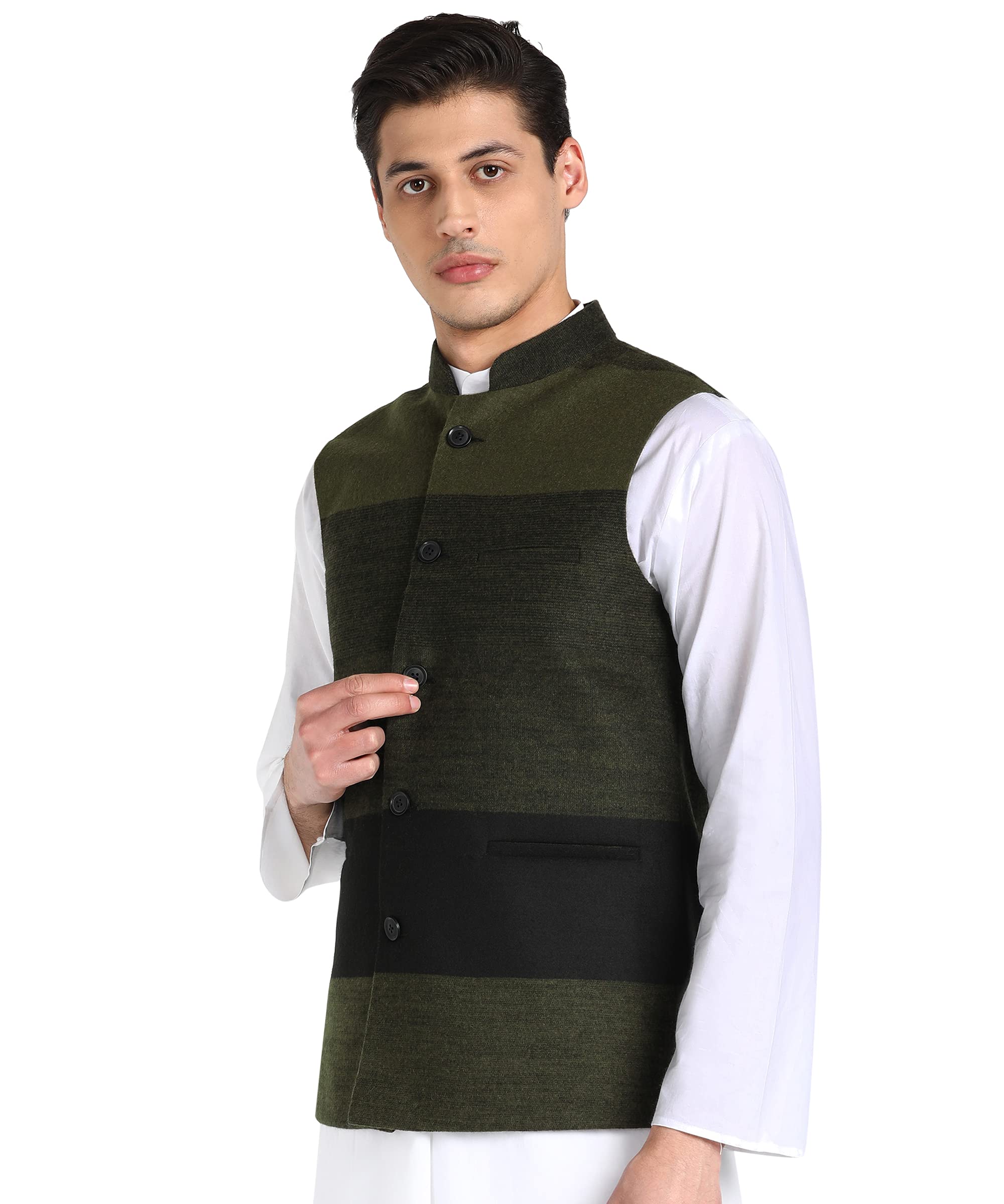 essentiele OLIVE BLACK STRIPED WOOLEN NEHRU JACKET-picture-28