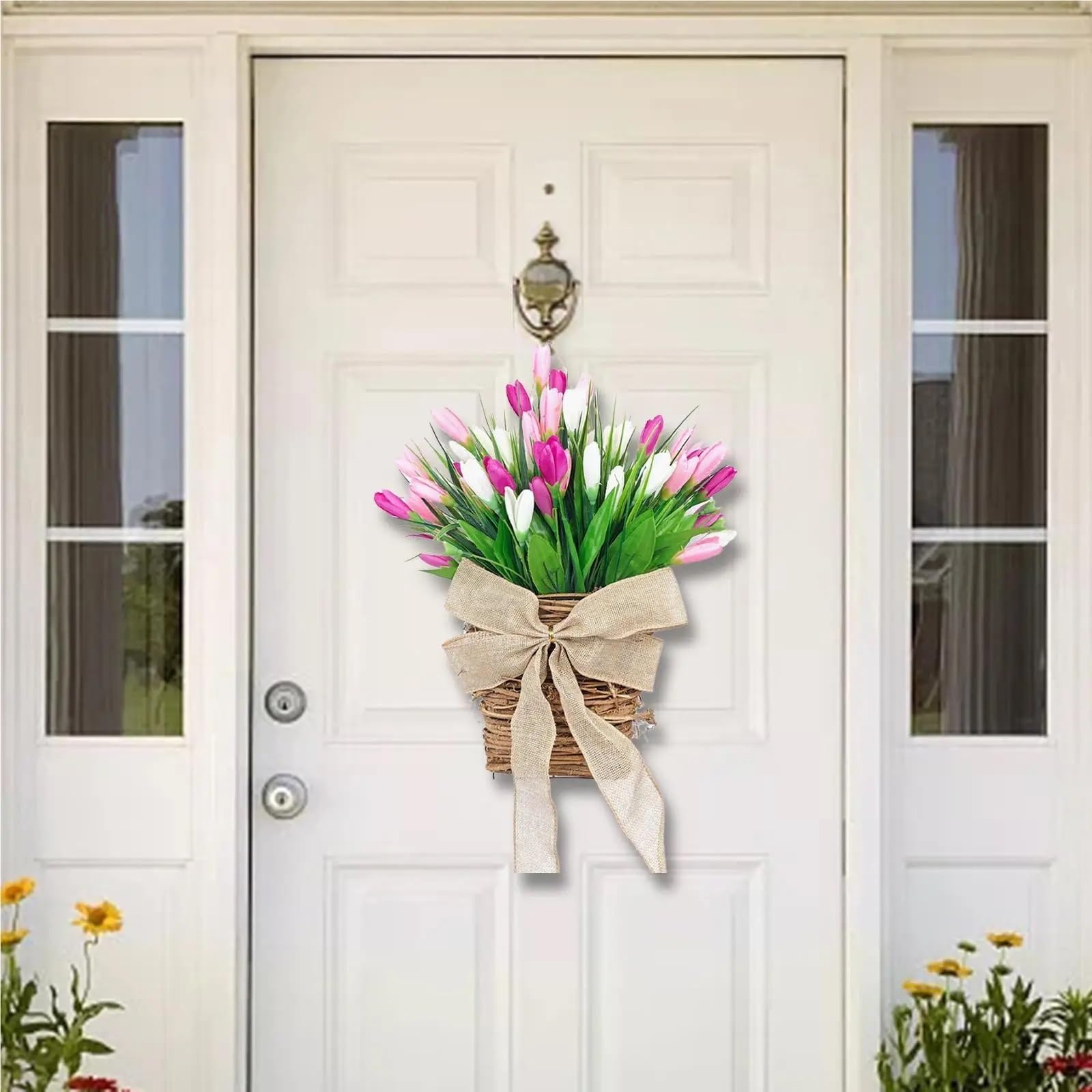 Ghirlanda di Fiori appesi alla Porta d'ingresso, Fiori di Tulipano Artificiali, Composizione Floreale for Matrimoni, Ghirlanda Primaverile for inaugurazione della casa all'aperto.