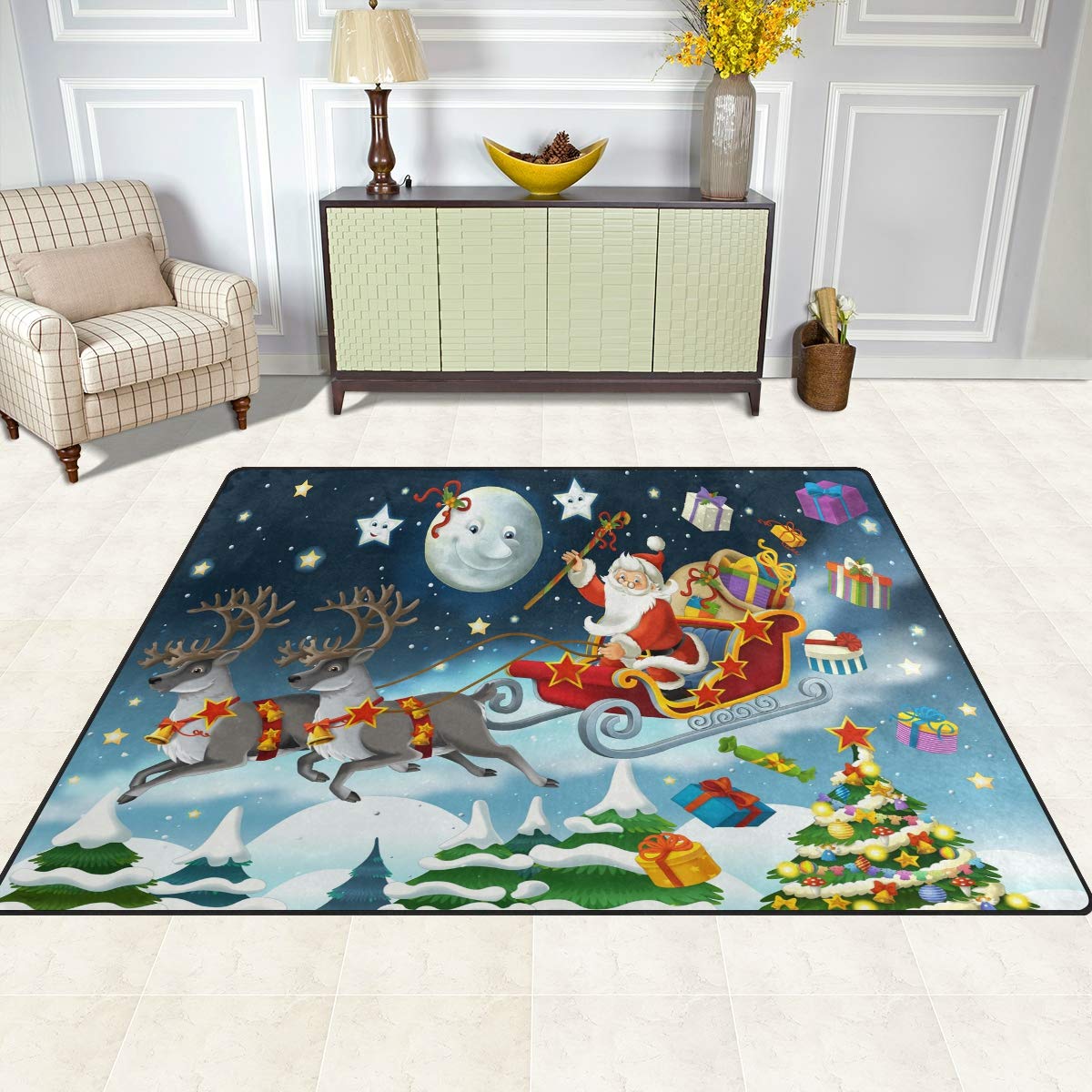 Mnsruu Tapis de Noël pour Salon et Chambre à Coucher Motif Père Noël, Tissu, Multicolore, 160cm x 122cm(5.3 x 4 Feet)